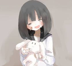 Rule 34 | 1girl, :d, bandaged hand, bandaid, bandaid on face, bandaid on hand, bandaid on neck, black hair, black sailor collar, commentary request, crying, closed eyes, facing viewer, grey background, head tilt, holding, holding stuffed toy, long sleeves, manmi, open mouth, original, sailor collar, school uniform, serafuku, shirt, smile, solo, stuffed animal, stuffed rabbit, stuffed toy, white shirt
