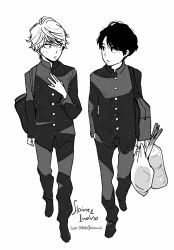 Rule 34 | 10s, 2boys, aldnoah.zero, artist name, bag, character name, commentary request, dated, full body, gakuran, greyscale, highres, kaizuka inaho, looking at another, male focus, monochrome, multiple boys, plastic bag, school bag, school uniform, shimura takako, simple background, slaine troyard, spring onion, white background