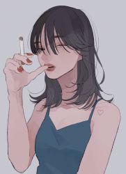 Rule 34 | 1girl, black hair, blue camisole, camisole, cigarette, grey background, hand up, heart, highres, holding, holding cigarette, long hair, looking at viewer, nail polish, open mouth, original, red nails, simple background, solo, tami moon