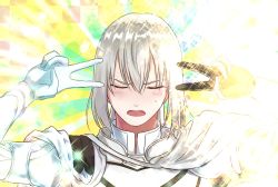 Rule 34 | armor, bedivere (fate), blonde hair, blush, closed eyes, double v, emotional engine - full drive, fate/grand order, fate/stay night, fate (series), hair between eyes, hands up, highres, knights of the round table (fate), long hair, long sleeves, looking at viewer, noraillust, parody, solo, sparkle, v