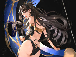Rule 34 | 1girl, ass, black background, brown hair, crown, earrings, fate/grand order, fate (series), highres, hoop earrings, hoshi rasuku, ishtar (fate), jewelry, legs, long hair, looking at viewer, red eyes, single thighhigh, sky, smile, solo, star (sky), starry sky, thighhighs, thighs, twintails
