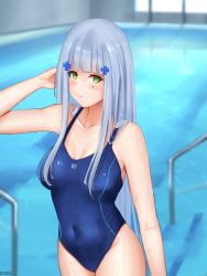 Rule 34 | 1girl, absurdres, arm behind head, artist name, bare shoulders, blue hair, blue one-piece swimsuit, blush, breasts, cleavage, closed mouth, collarbone, competition swimsuit, covered navel, cozie178, feet out of frame, girls&#039; frontline, green eyes, hair ornament, hairclip, highres, hk416 (girls&#039; frontline), light blue hair, long hair, looking at viewer, medium breasts, one-piece swimsuit, pool, solo, standing, swimsuit, teardrop facial mark, teardrop tattoo, water, wet, wet clothes, wet swimsuit