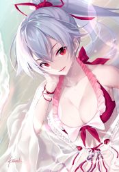 Rule 34 | 1girl, :d, back bow, bikini, bow, breasts, cleavage, fate/grand order, fate (series), front-tie bikini top, front-tie top, grey hair, hair between eyes, hair ribbon, halterneck, hand on own cheek, hand on own face, hand up, highres, kousaki rui, large breasts, looking at viewer, ocean, open mouth, ponytail, red bikini, red eyes, red ribbon, ribbon, signature, smile, solo, swimsuit, tomoe gozen (fate), wet, wristband