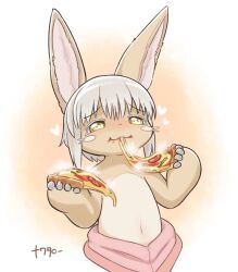 Rule 34 | 1other, :3, androgynous, animal ears, brown fur, eating, food, food on face, furry, gomuhimo (nawataro), heart, highres, holding, holding food, holding pizza, horizontal pupils, made in abyss, nanachi (made in abyss), navel, other focus, pizza, rabbit ears, solo, upper body, whiskers, white hair, yellow eyes