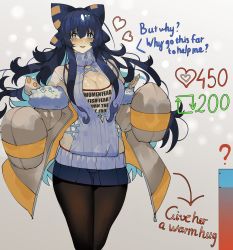 Rule 34 | 1girl, ?, black pantyhose, blue bow, blue eyes, blue hair, blue skirt, bow, breasts, cleavage cutout, clothing cutout, commentary, debt, english commentary, english text, grey background, grey jacket, hair between eyes, hair bow, heart, highres, jacket, large breasts, long hair, looking at viewer, meme, pantyhose, simple background, skirt, sleeves past fingers, sleeves past wrists, solo, tomatolover16, touhou, twitter strip game (meme), very long hair, women want me fish fear me (meme), yorigami shion