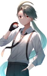 Rule 34 | 1girl, ahoge, black gloves, black pants, closed mouth, collared shirt, commentary request, creatures (company), game freak, gloves, green hair, hand in pocket, hand up, highres, holding, holding poke ball, long hair, natsumejin, necktie, nintendo, pants, poke ball, poke ball (basic), pokemon, pokemon sv, rika (pokemon), shirt, sleeves rolled up, solo, suspenders