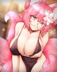 Rule 34 | 1girl, absurdres, animal ear fluff, animal ears, breasts, castyx, cleavage, curvy, dress, elysia watanabe, flower, fox ears, fox tail, glasses, hair flower, hair ornament, highres, large breasts, multiple tails, pink hair, pink tail, red eyes, round eyewear, smile, tail