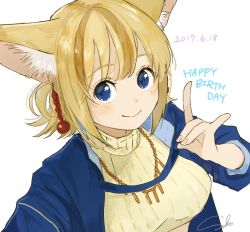 Rule 34 | 1girl, animal ears, blonde hair, blue eyes, blue jacket, breasts, closed mouth, dated, earrings, english text, fox ears, fox shadow puppet, happy birthday, jacket, jewelry, large breasts, looking at viewer, multicolored hair, open clothes, open jacket, sako (35s 00), short hair, signature, sleeves rolled up, smile, solo, streaked hair, sweater, turtleneck, turtleneck sweater, yellow sweater