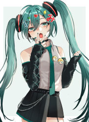 Rule 34 | 1girl, 39, absurdres, adapted costume, aqua eyes, aqua hair, aqua nails, aqua necktie, armpit crease, asymmetrical clothes, bare shoulders, belt, black belt, black choker, black skirt, border, breasts, chain, character pin, choker, clenched hand, collared shirt, contrapposto, cowboy shot, cross-laced clothes, cross-laced sleeves, detached sleeves, dot nose, expressionless, fang, fingernails, food-themed hair ornament, gomo, green background, hair between eyes, hair ornament, half-closed eyes, hand to own mouth, hands up, hatsune miku, head tilt, headset, heart, heart hair ornament, highres, kagamine len, kagamine rin, light blush, lightning bolt, lightning bolt hair ornament, lightning bolt symbol, long hair, looking at viewer, nail polish, necktie, number hair ornament, open mouth, pin, pleated skirt, shirt, simple background, skirt, sleeveless, sleeveless shirt, small breasts, solo, spring onion, tie clip, tongue, twintails, very long hair, vocaloid, white border, white shirt, x hair ornament