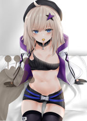 Rule 34 | 1girl, aa-12 (girls&#039; frontline), absurdres, ahoge, arm support, baggy clothes, bags under eyes, bare shoulders, black gloves, black shorts, blue eyes, breasts, buckle, candy, choker, coat, collarbone, damaged, detached collar, food, girls&#039; frontline, gloves, glowing, groin, hair ornament, hand up, heart, heart-shaped pupils, highres, holding, holding food, lollipop, long hair, looking at viewer, medium breasts, mouth hold, navel, off shoulder, on bed, open mouth, pov, ribbed sweater, ru zhai, shadow, short shorts, shorts, sidelocks, silver hair, single strap, sitting, skindentation, snap-fit buckle, solo, solo focus, star (symbol), star hair ornament, stomach, strap, sweatdrop, sweater, symbol-shaped pupils, teeth, torn clothes