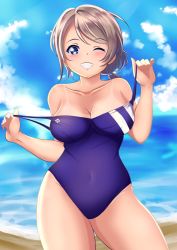 Rule 34 | 1girl, beach, blue eyes, blue one-piece swimsuit, blue sky, breasts, brown hair, cleavage, cloud, commentary request, competition swimsuit, covered navel, cowboy shot, day, grin, highres, horizon, large breasts, love live!, love live! sunshine!!, low ponytail, nanja najav, ocean, one-piece swimsuit, one-piece tan, outdoors, short hair, sky, smile, solo, swimsuit, tan, tanline, watanabe you