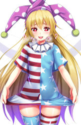 Rule 34 | 1futa, alternate legwear, american flag dress, american flag legwear, blonde hair, blush, bulge, clothes lift, clownpiece, collar, dress, dress lift, ebi 193, erection, erection under clothes, fairy wings, frilled collar, frilled shirt collar, frills, futanari, hat, heart, heart-shaped pupils, jester cap, long hair, looking at viewer, neck ruff, open mouth, penis, red eyes, short dress, simple background, small penis, smile, solo, standing, striped clothes, striped dress, symbol-shaped pupils, tears, teeth, thigh gap, thighhighs, touhou, very long hair, white background, wings, zettai ryouiki