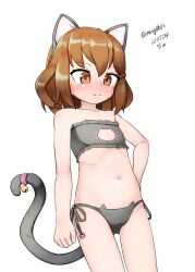 Rule 34 | 1girl, absurdres, animal ears, bell, bra, brown eyes, brown hair, cat cutout, cat ear panties, cat ears, cat lingerie, cat tail, cleavage cutout, clothing cutout, cowboy shot, dated, flat chest, frilled bra, frills, grey bra, grey panties, hair ornament, hairclip, highres, ikazuchi (kancolle), jingle bell, kantai collection, maru (marg0613), meme attire, one-hour drawing challenge, panties, short hair, side-tie panties, simple background, solo, tail, twitter username, underwear, underwear only, white background