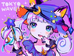 Rule 34 | 1girl, animal ears, black nails, blue eyes, blunt bangs, blush, breasts, cat ears, commentary request, crescent, crescent hair ornament, hair ornament, hand to own mouth, hands up, hat, highres, holding, holding wand, kiato, long hair, looking at viewer, nail polish, open mouth, original, purple background, purple hair, small breasts, smile, solo, star (symbol), star hair ornament, twintails, upper body, wand, witch hat, wrist cuffs