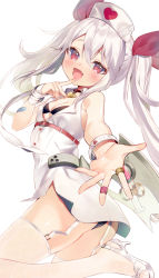 Rule 34 | 1girl, :d, asagi yuna, ass, azur lane, bandages, bandaid, bare shoulders, belt, black bra, black panties, blush, bra, breasts, collar, dress, fang, garter straps, hair between eyes, hair ribbon, hat, heart collar, high heels, jewelry, lips, long hair, looking at viewer, nurse cap, open mouth, outstretched hand, panties, red eyes, red ribbon, ribbon, ring, silver hair, simple background, sleeveless, sleeveless dress, slit pupils, small breasts, smile, solo, thighhighs, twintails, underwear, vampire (azur lane), vampire (little devil in white) (azur lane), very long hair, white background, white footwear, white thighhighs