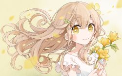 Rule 34 | + +, 1girl, blush stickers, brown background, brown eyes, brown hair, chon (chon33v), closed mouth, collarbone, commentary request, floating hair, flower, freesia (flower), hair between eyes, hands up, highres, holding, holding flower, long hair, looking at viewer, nail polish, original, petals, shirt, short sleeves, smile, solo, upper body, white shirt, yellow nails