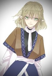 Rule 34 | 1girl, blonde hair, closed mouth, green eyes, highres, long sleeves, looking at viewer, medium hair, mizuhashi parsee, nanasuou, pointy ears, solo, touhou, upper body, vignetting, white background