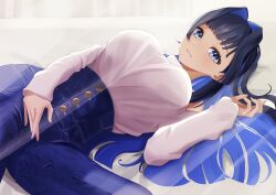 Rule 34 | 1girl, black hair, blue eyes, blue hair, blue pants, blunt bangs, breasts, bungo nosuke, buttons, colored inner hair, denim, hair intakes, high-waist pants, highres, hololive, hololive english, jeans, large breasts, long hair, long sleeves, multicolored hair, official alternate costume, official alternate hair length, official alternate hairstyle, on bed, ouro kronii, ouro kronii (casual), pants, shirt, solo, sweater, sweater tucked in, turtleneck, virtual youtuber, white shirt, white sweater