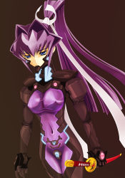 Rule 34 | 1girl, armor, black background, blue eyes, bodysuit, breasts, covered erect nipples, covered navel, cowboy shot, fortified suit, gloves, hair intakes, hair ribbon, half-closed eyes, high ponytail, highres, holding, holding weapon, katana, large breasts, long hair, looking down, mitsurugi meiya, muv-luv, muv-luv alternative, neon trim, pilot suit, ponytail, purple bodysuit, purple hair, ribbon, sheath, sheathed, sidelocks, simple background, skin tight, solo, sword, taut clothes, very long hair, weapon, zenithexe