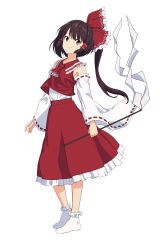 Rule 34 | 1girl, absurdres, ankle socks, ascot, bow, brown eyes, brown hair, detached sleeves, full body, gohei, hair bow, hair tubes, hakurei reimu, highres, leon (mikiri hassha), perfect cherry blossom, ponytail, red ascot, red skirt, ribbon-trimmed sleeves, ribbon trim, simple background, skirt, smile, socks, solo, touhou, white background
