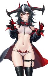 Rule 34 | 1girl, azur lane, bare shoulders, black gloves, black hair, black jacket, black thighhighs, breasts, bridal garter, closed mouth, commentary, crop top, cross, fang, fang out, gloves, gluteal fold, groin, hair between eyes, hair intakes, hands up, horns, iron cross, jacket, long hair, looking at viewer, midriff, multi-strapped bikini bottom, multicolored hair, navel, off shoulder, red eyes, revealing clothes, shirt, sidelocks, simple background, skindentation, sleeveless, sleeveless shirt, small breasts, smile, solo, standing, symbol-shaped pupils, thigh strap, thighhighs, two-tone hair, umie (iowae), white background, white hair, white shirt, x-shaped pupils, z16 (azur lane), zipper, zipper pull tab