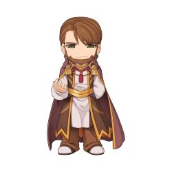 Rule 34 | 1boy, arm behind back, asymmetrical bangs, belt, brown cape, brown coat, brown hair, brown pants, cape, chain, chibi, chibi only, chinstrap beard, closed mouth, coat, epaulettes, full body, gold chain, gold trim, green eyes, hand up, looking at viewer, male focus, official art, open clothes, open coat, pants, peter heine, ragnarok online, shirt, shoes, short hair, simple background, smile, solo, tassel, transparent background, white footwear, white shirt, yellow belt, yuichirou