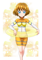 Rule 34 | 1girl, blue eyes, breasts, brown hair, closed mouth, diving suit, dry suit, hanzou, highres, holding, holding swim ring, ichinose minori, innertube, light frown, light particles, long sleeves, looking at viewer, precure, short hair, small breasts, solo, standing, swim ring, thigh gap, tropical-rouge! precure, yellow background