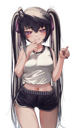 Rule 34 | 1girl, absurdres, ahoge, bare arms, black hair, black nails, black shorts, blush, breasts, cowboy shot, crop top, dolphin shorts, hair between eyes, hair ribbon, hands up, highres, long hair, looking at viewer, medium breasts, midriff, nail polish, navel, original, parted lips, pointing, priite hari (torriet), purple eyes, purple ribbon, revision, ribbon, shirt, shorts, simple background, sleeveless, sleeveless shirt, smile, solo, standing, torriet, twintails, very long hair, white background, white shirt