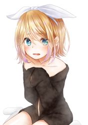 Rule 34 | 1girl, black shirt, blue eyes, blush, bow, collarbone, hair between eyes, hair bow, hairband, highres, kagamine rin, kneehighs, long sleeves, naked shirt, off-shoulder shirt, off shoulder, open clothes, open mouth, open shirt, ponta (poqpon), shirt, simple background, sitting, sleeves past fingers, sleeves past wrists, socks, solo, vocaloid, wariza, wavy mouth, white background, white bow, white hairband, white socks