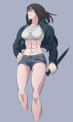 Rule 34 | 1girl, abs, alternate costume, apartment, black hair, breasts, cleavage, eyepatch, highres, jormungand (manga), knife, large breasts, looking to the side, midriff, muscular, muscular arms, muscular female, pants, short hair, sofia valmer, solo, tank top, tattoo, yellow eyes
