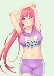 Rule 34 | 1girl, ;(, armpits, bare arms, bare shoulders, bike shorts, blue background, blue eyes, blunt bangs, blush, breasts, closed mouth, collarbone, commentary request, copyright name, cowboy shot, detached sleeves, gluteal fold, go-toubun no hanayome, highres, hofumaso, large breasts, long hair, looking at viewer, nakano nino, navel, one eye closed, pink hair, ponytail, sidelocks, simple background, solo, stomach, straight hair, stretching, thigh gap, track uniform, v-shaped eyebrows