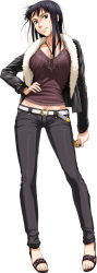 Rule 34 | 1girl, belt, black hair, black pants, camisole, denim, feet, female focus, full body, fur trim, hand on own hip, hip focus, jeans, jewelry, long image, necklace, nico robin, nigou, one piece, pants, purple hair, sandals, short hair, simple background, solo, standing, sunglasses, tall image, transparent background, white background