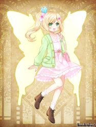 Rule 34 | 1girl, :d, bag, blonde hair, bobby socks, bow, brown footwear, butterfly wings, character request, copyright name, crystal hair ornament, dress, flower, frilled dress, frills, full body, glowing, glowing wings, green eyes, green jacket, hair bow, hair flower, hair ornament, hairclip, hand up, holding strap, insect wings, jacket, long hair, long sleeves, looking at viewer, open clothes, open jacket, open mouth, pandora party project, pink bow, pink dress, pink flower, puffy long sleeves, puffy sleeves, shikito (yawa0w0), shoes, shoulder bag, side ponytail, sleeves past wrists, smile, socks, solo, swept bangs, white socks, wings, yellow wings