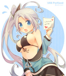 Rule 34 | 1girl, ahoge, anchor, azur lane, bare shoulders, bikini, bikini top only, black bikini, black skirt, blue eyes, blue jacket, blush, breasts, character name, cleavage, collar, commentary request, cowboy shot, eyebrows hidden by hair, fang, flying sweatdrops, front-tie bikini top, front-tie top, heart, heart-shaped pupils, heart ahoge, highres, holding, holding paper, jacket, large breasts, long hair, looking at viewer, midriff, off-shoulder jacket, off shoulder, open mouth, paper, parted bangs, pleated skirt, portland (azur lane), purple hair, saekiya sabou, side ponytail, sidelocks, simple background, skin fang, skirt, solo, standing, star (symbol), star print, swimsuit, symbol-shaped pupils, translation request, twitter username, underboob, very long hair, white background