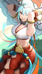 Rule 34 | 1girl, abs, absurdres, armlet, arms behind head, baggy pants, blurry, blurry background, breasts, cleavage, dagr (fire emblem), dagr (winds offered) (fire emblem), fire, fire emblem, fire emblem heroes, grey hair, highres, ikura (downdexp), kite, looking at viewer, medium breasts, midriff, muscular, muscular female, nintendo, official alternate costume, one eye closed, open mouth, pants, short hair, smile, solo, teeth, tiara