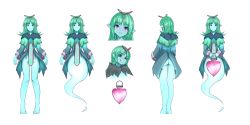 Rule 34 | 1girl, ass, bare legs, barefoot, blue (nanostar), blue skin, blunt bangs, capelet, colored skin, commentary request, dress, expressions, flipped hair, ghost, ghost (monster girl encyclopedia), ghost tail, green hair, grin, groin, hair ribbon, head tilt, heart, highres, lantern, long hair, long sleeves, looking at viewer, monster girl encyclopedia, multiple views, nanostar, original, pelvic curtain, pointy ears, red eyes, red ribbon, ribbon, simple background, smile, white background