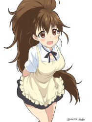 Rule 34 | 1girl, apron, arms behind back, blush, breasts, brown eyes, brown hair, cowboy shot, leaning forward, long hair, looking at viewer, maruki (punchiki), md5 mismatch, medium breasts, simple background, solo, taneshima popura, twitter username, very long hair, waitress, white background, working!!