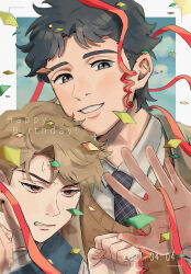 Rule 34 | 2boys, arm around neck, black hair, blonde hair, blue eyes, blue necktie, blue sweater vest, blurry edges, brown coat, brown sweater vest, clenched hand, clenched teeth, coat, collared shirt, confetti, dated, dio brando, grin, happy birthday, jojo no kimyou na bouken, jonathan joestar, looking at viewer, male focus, multiple boys, necktie, open clothes, open coat, phantom blood, plaid necktie, red eyes, shirt, short hair, sky, smile, sweat, sweater vest, teeth, tofu wk mha, upper body, viewfinder, white shirt