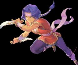 1boy brown_shoes dark-skinned_male dark_skin full_body haccan hawkeye_(seiken_densetsu_3) holding holding_knife holding_weapon knife long_hair low-tied_long_hair male_focus official_art pants purple_hair red_shirt seiken_densetsu seiken_densetsu_3 shirt shoes short_sleeves solo transparent_background very_long_hair weapon yellow_eyes