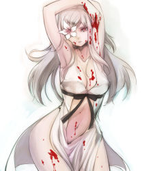 Rule 34 | 1girl, armpits, arms behind head, arms up, bare shoulders, blood, breasts, cleavage, contrapposto, drag-on dragoon, drag-on dragoon 3, dress, flower, flower eyepatch, flower over eye, kisa (haqua), large breasts, long hair, long sleeves, looking at viewer, navel, open mouth, parted lips, red eyes, simple background, solo, standing, white hair, wide hips, zero (drag-on dragoon)