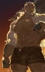 Rule 34 | 1boy, abs, aegir (housamo), anchor earrings, aqua hair, bara, bare pectorals, beard, blue eyes, brown shorts, bulge, cloud, cowboy shot, dark-skinned male, dark skin, earrings, eyewear on head, facial hair, fingernails, fins, gomtang, jewelry, large pectorals, looking to the side, male focus, male pubic hair, male underwear, mature male, multicolored hair, muscular, muscular male, navel, navel hair, nipples, open clothes, open shirt, open shorts, pectorals, pubic hair, sharp fingernails, short hair, shorts, single earring, sleeves rolled up, solo, stomach, streaked hair, sunset, thick thighs, thighs, tokyo houkago summoners, white hair, white male underwear, wind
