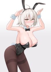 1girl ahoge animal_ear_hairband armpits arms_up bare_shoulders black_leotard black_pantyhose blush breasts cleavage covered_navel detached_collar embarrassed fake_animal_ears fate_(series) hair_between_eyes hairband jeanne_d&#039;arc_alter_(fate) large_breasts leaning_forward leotard liu_han pantyhose playboy_bunny rabbit_ears rabbit_pose rabbit_tail short_hair solo thighs wavy_mouth white_background white_hair wrist_cuffs yellow_eyes