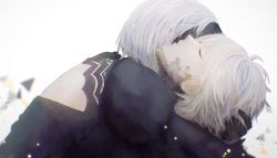 Rule 34 | 1boy, 1girl, absurdres, back cutout, black dress, black hairband, clothing cutout, commentary request, dress, closed eyes, hairband, highres, holding person, hug, huge filesize, juliet sleeves, long sleeves, lying, nier (series), nier:automata, on back, puffy sleeves, shion (reira), silver hair, tears, white background, 2b (nier:automata), 9s (nier:automata)