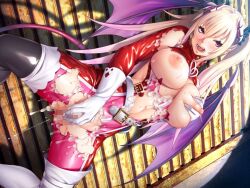 Rule 34 | aroused, blonde hair, bodysuit, breasts, censored, fingering, game cg, gloves, large breasts, lilith-soft, long hair, masturbation, mosaic censoring, nobushito kuro, open mouth, pussy juice, red eyes, tail, taimanin (series), taimanin rpgx, torn clothes, twintails, wings
