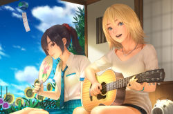 Rule 34 | 2girls, allison (summer lesson), black hair, blonde hair, blue eyes, blue necktie, blue skirt, blue sky, brown eyes, closed mouth, cloud, cloudy sky, commentary, day, flower, guitar, hand fan, holding, holding fan, holding instrument, house, indoors, instrument, jewelry, long hair, looking at viewer, miyamoto hikari, multiple girls, music, necklace, necktie, omeno (digitalome), open mouth, outdoors, paper fan, plaid necktie, playing instrument, ponytail, ribbed sweater, room, scrunchie, shirt, short shorts, short sleeves, shorts, sitting, skirt, sky, smile, summer lesson, sunflower, sweater, uchiwa, white shirt