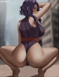 Rule 34 | 1girl, arm up, artist name, ass, ass focus, back, bare arms, bare legs, bare shoulders, barefoot, belt, blurry, blurry background, blush, boku no hero academia, breasts, building, cameltoe, city, day, feet out of frame, from behind, highres, impossible clothes, impossible leotard, lady nagant, large breasts, leotard, looking at viewer, looking back, medium hair, multicolored hair, oroborus, outdoors, pink hair, purple hair, purple leotard, sash, short hair with long locks, sidelocks, sleeveless, solo, spread legs, squatting, streaked hair