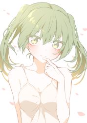 Rule 34 | 1girl, alternate hair length, alternate hairstyle, bad id, bad pixiv id, bare shoulders, blush, camisole, collarbone, commentary, finger to mouth, giryu, green eyes, green hair, hatsune miku, light blush, light smile, medium hair, petals, solo, spaghetti strap, twintails, upper body, vocaloid, white camisole