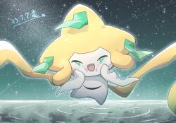 Rule 34 | :d, cheek squash, closed eyes, creatures (company), dated, facing viewer, game freak, gen 3 pokemon, hands up, highres, jirachi, kumowaku, legendary pokemon, mythical pokemon, night, nintendo, no humans, open mouth, outdoors, pokemon, pokemon (creature), ripples, sky, smile, solo, star (sky)