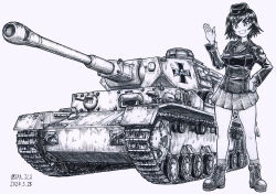 Rule 34 | 1girl, ankle boots, boots, dated, full body, girls und panzer, greyscale, hand on own hip, hand up, hat, hida ema, highres, jacket, kuromorimine military uniform, military hat, military jacket, military vehicle, monochrome, motor vehicle, nspa (spa-jcs), panzer iv, signature, sketch, smile, standing, tank, twitter username, vehicle focus