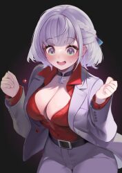 Rule 34 | 1girl, absurdres, belt, black background, black belt, breasts, buttons, choker, cleavage, contrapposto, cosplay, dokkumaa, dress shirt, flying button, green eyes, grey hair, grey jacket, highres, hololive, jacket, kiryu kazuma, kiryu kazuma (cosplay), large breasts, looking at viewer, popped button, red shirt, ryuu ga gotoku (series), ryuu ga gotoku 1, ryuu ga gotoku kiwami, shirogane noel, shirt, simple background, smile, snowflake necklace, surprised, virtual youtuber, wardrobe malfunction, white background